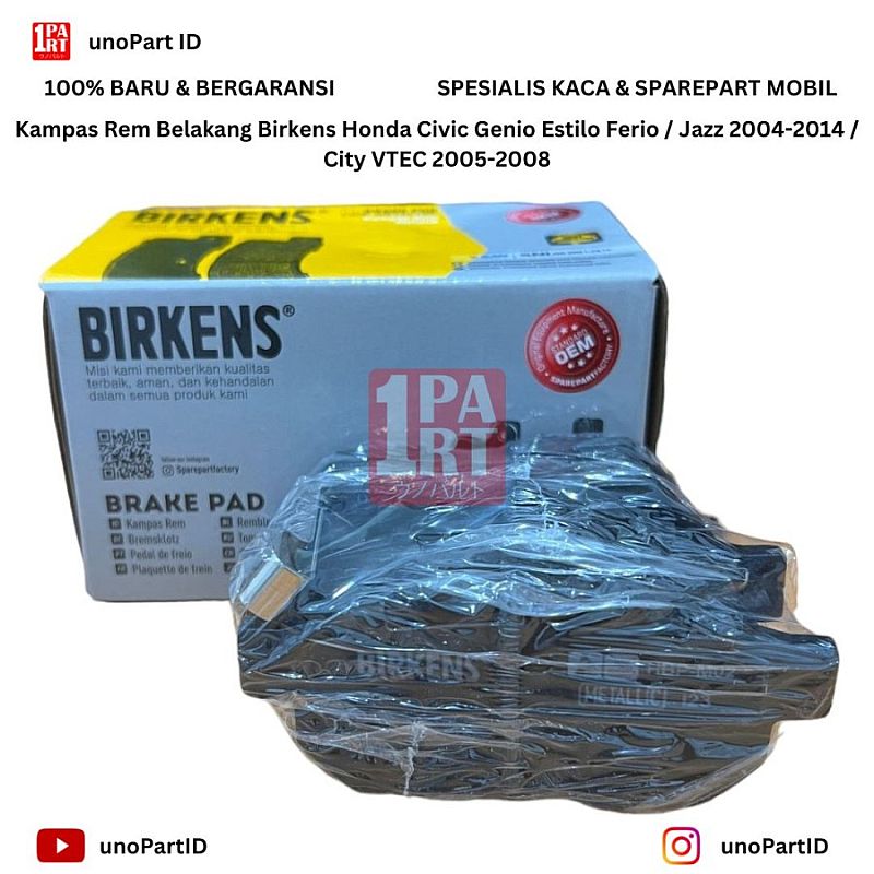 Brake Pad Kampas Rem Cakram Belakang Birkens Honda City Z Old SX8 1996-2002 / Jazz City VTEC GD3 GD8 2004-2008 / Jazz City S RS 2008-2013 GE8 GM2 / Civic Genio Estilo Estillo Ferio Metalic SNI KAN OEM - foto 2