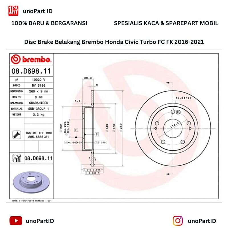 Disc Brake Belakang Brembo Civic Turbo FC FK Sedan / Hatchback 16-20 - foto 2