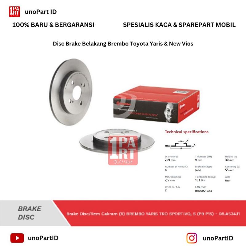 Disc Brake Cakram Brembo Toyota Yaris & New Vios Belakang 08 A534 11 - foto 3
