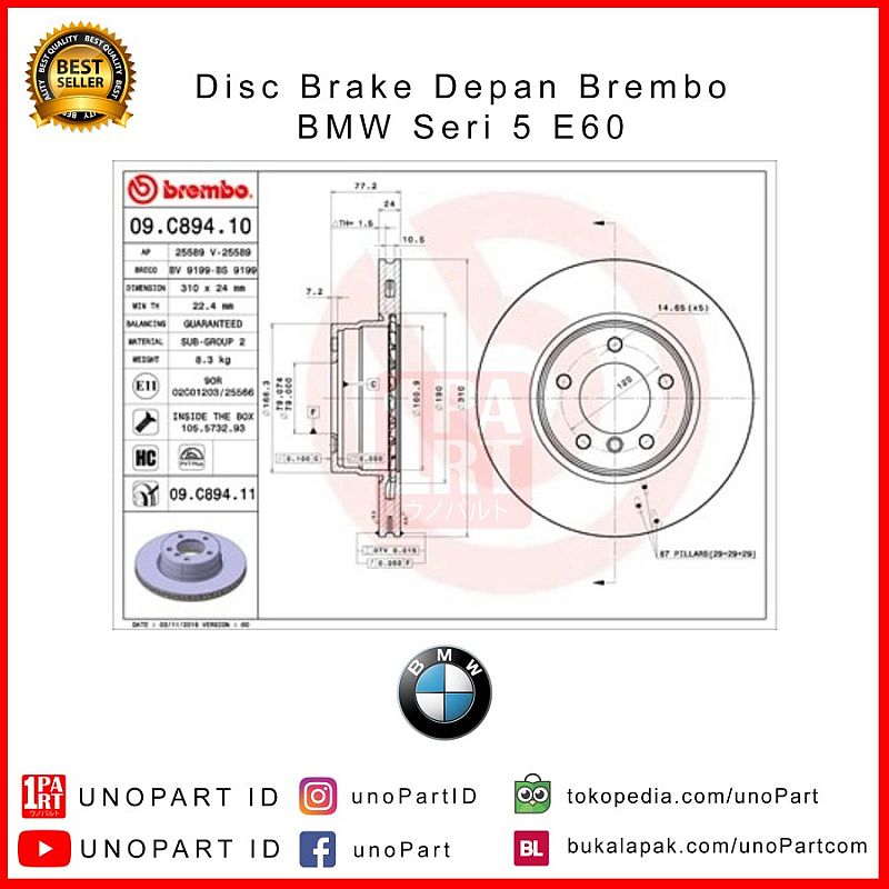 Disc Brake Depan Brembo BMW 520i 523i 528i 530i E60 Original - foto 3