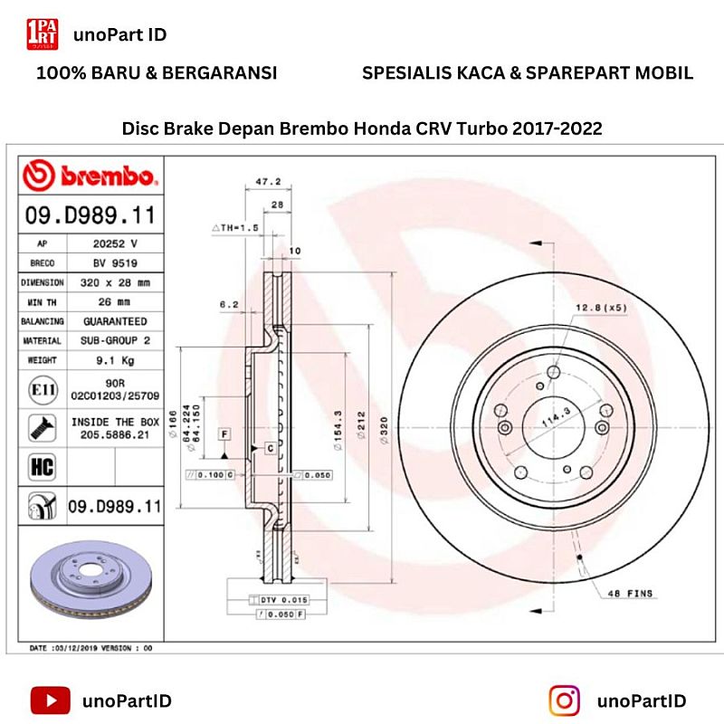 Disc Brake Depan Brembo Honda CRV Turbo 17-ON 09 D989 11 320mm - foto 2