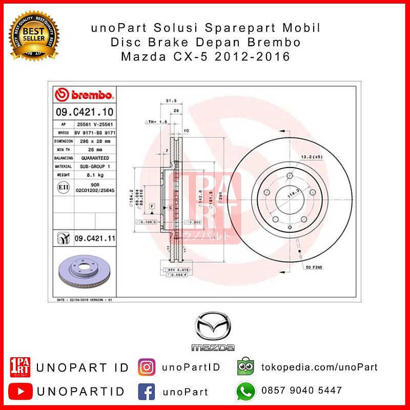 Disc Brake Depan Brembo Mazda CX-5 2012-2016 Part No K01133251B - foto 5