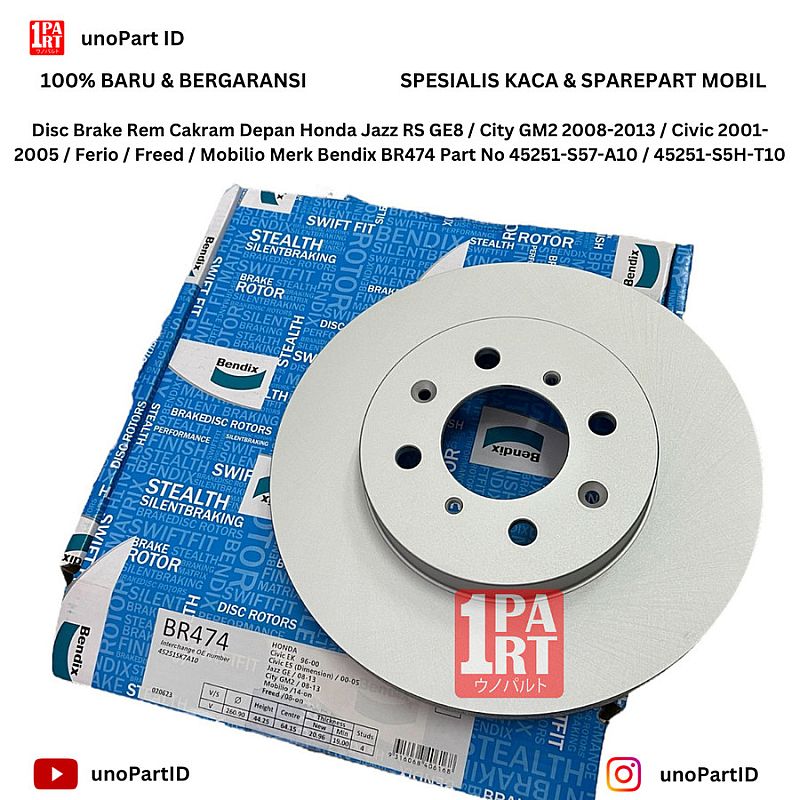 Disc Brake Rem Cakram Depan Honda Jazz RS GE8 GK5/ City GM2 GM6 2008-ON / Civic 2001-2005 / Ferio / Freed / Mobilio Merk Bendix BR474 Part No 45251-S57-A10 / 45251-S5H-T10