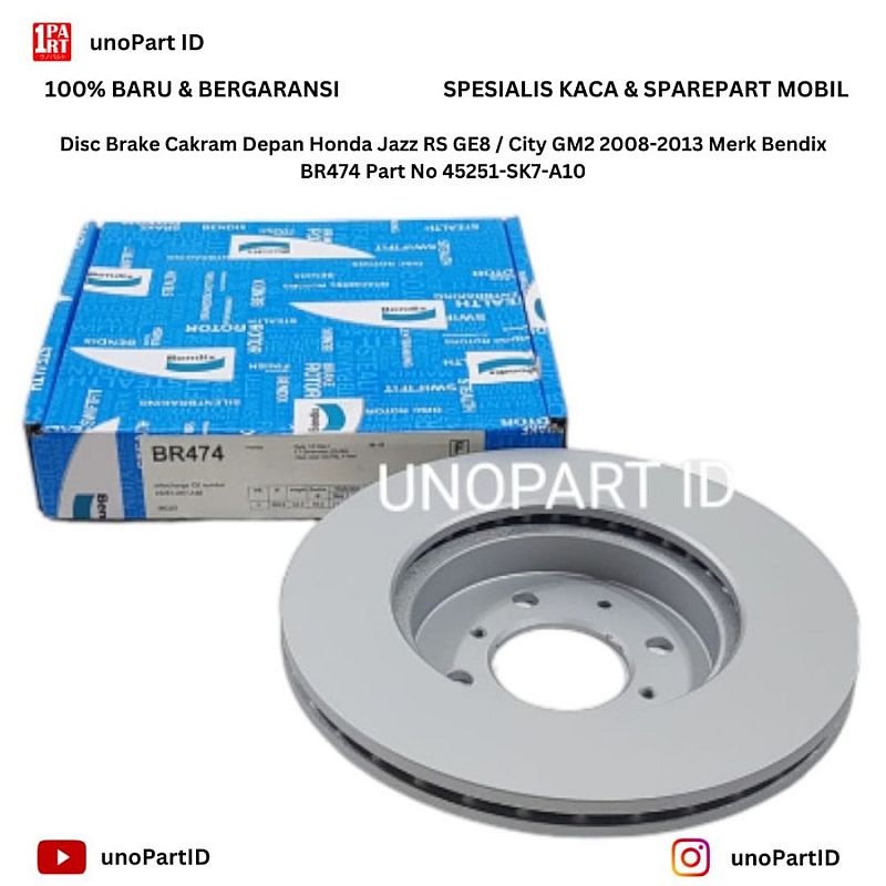 Disc Brake Rem Cakram Depan Honda Jazz RS GE8 GK5/ City GM2 GM6 2008-ON / Civic 2001-2005 / Ferio / Freed / Mobilio Merk Bendix BR474 Part No 45251-S57-A10 / 45251-S5H-T10 - foto 7