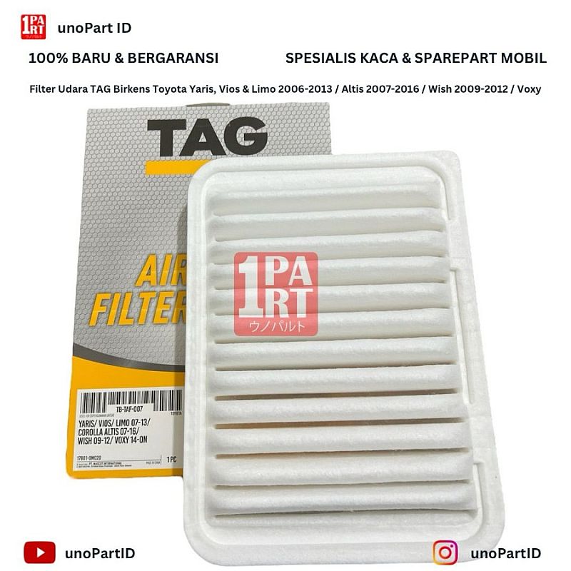 Filter Udara TAG Birkens Yaris Vios Limo 2007-2013 / Altis 2006-2018 E140 E170 / Wish 2009-2012 / Voxy 2017-2021 / Nav1 2012-2016 / Noah ZRR70 2010-2013 / Harrier 2013-2020 CU6 ZSU60 17801-0M020
