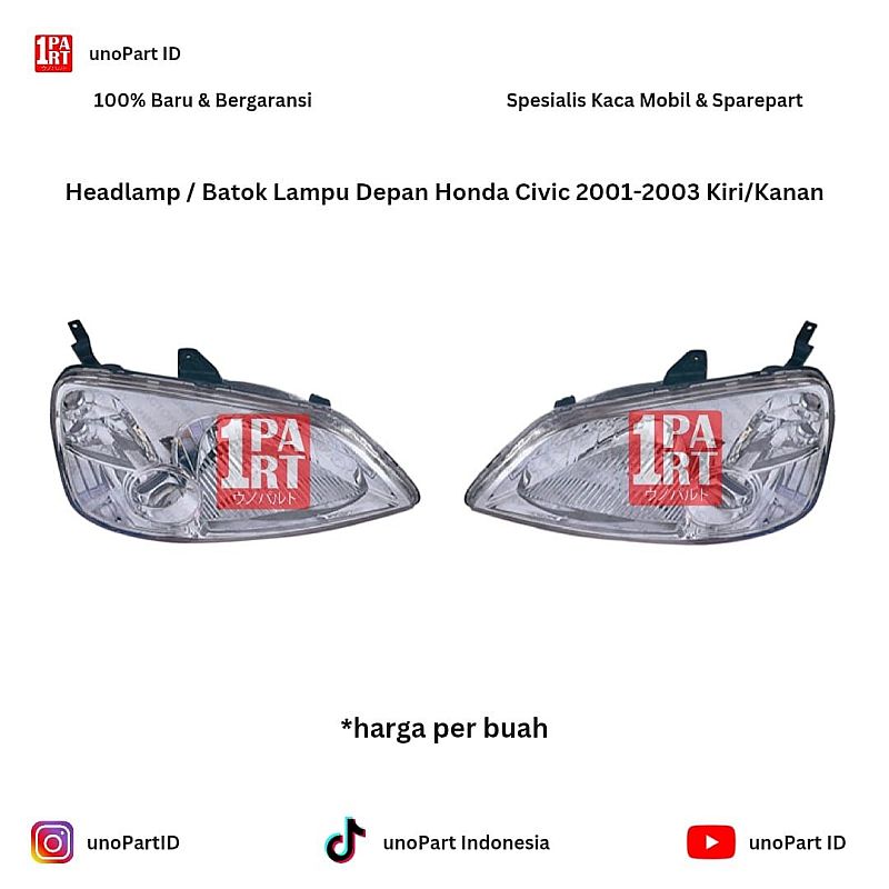 Headlamp / Batok Mika Lampu Depan Honda Civic VTI / Civic Century / Civic ES 2001-2003 Kiri/Kanan by unoPart ID Merk Depo